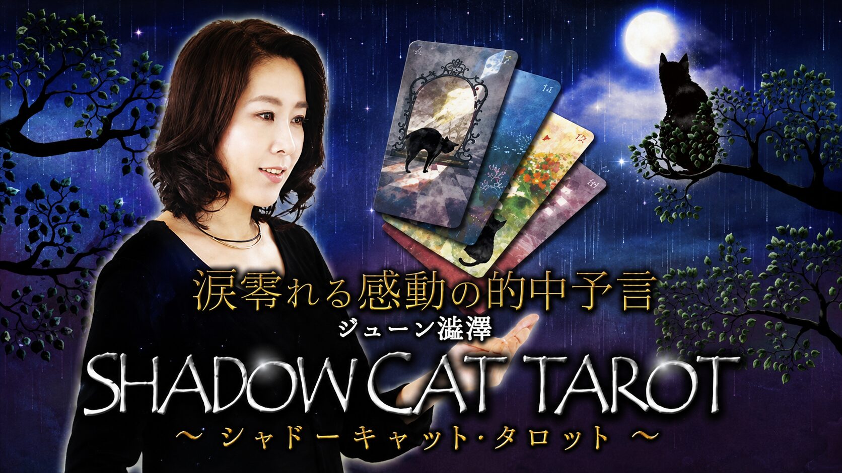 黒猫とタロットカードを描いた占いコンテンツ画像