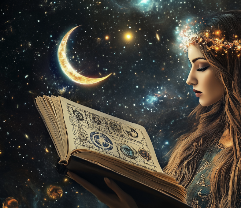 星空の中で占星術書を開く女性